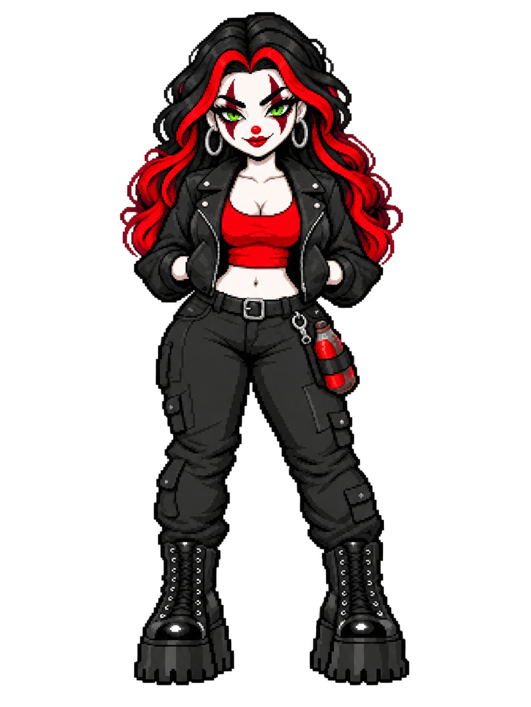 Raven, a red-and-black-haired pixel-art companion